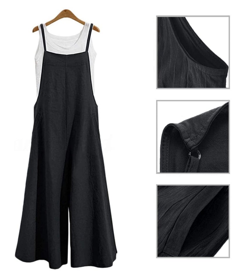 YESNO Women Casual Loose Long Bib Pants Wide Leg Jumpsuits Baggy Cotton Rompers Overalls with Pockets (S PZZTYP2 Black) - Image 5